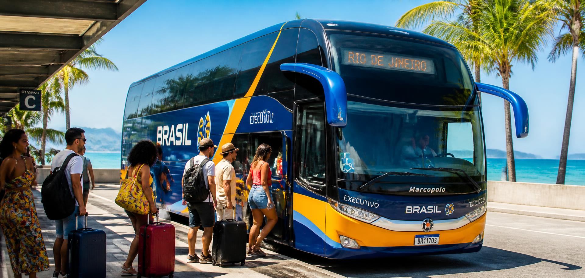 Passageiros embarcando em ônibus executivo em terminal à beira-mar
